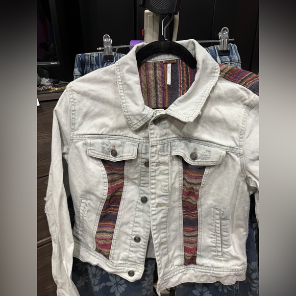 Free People White Denim Jacket with Multicolor Accents - Picture 2 of 6